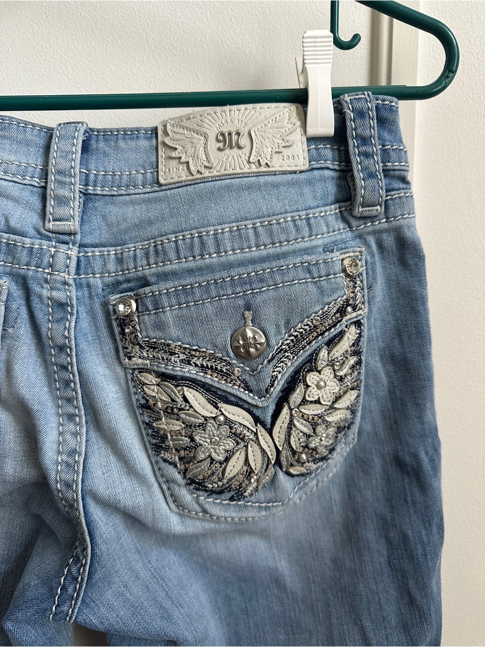 Miss Me Light Blue Embroidered Wing Pocket Capris